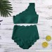 BBesty Swimwear for Women Two-Piece Vintage Solid Color High Waisted Scalloped One Shoulder Bikini Swimsuit Green B07PXY8KVZ